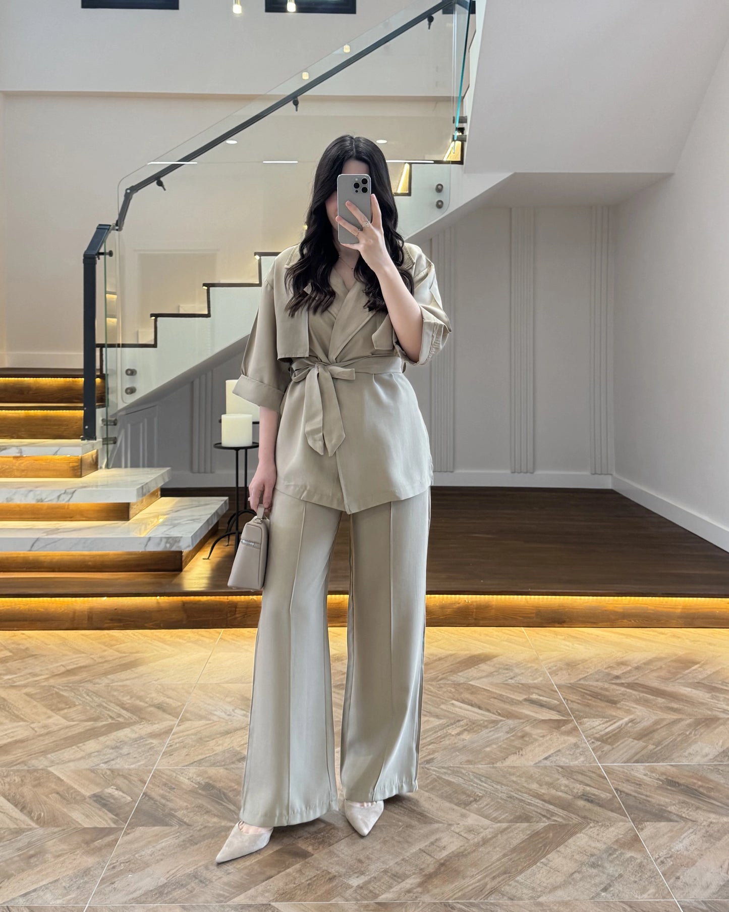WRAP-NECK TWO-PIECE SET WITH WAIST TIE