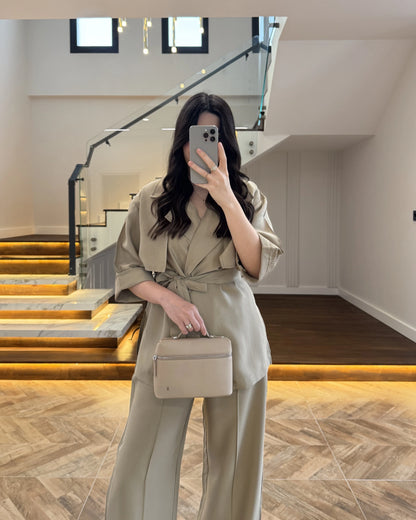 WRAP-NECK TWO-PIECE SET WITH WAIST TIE