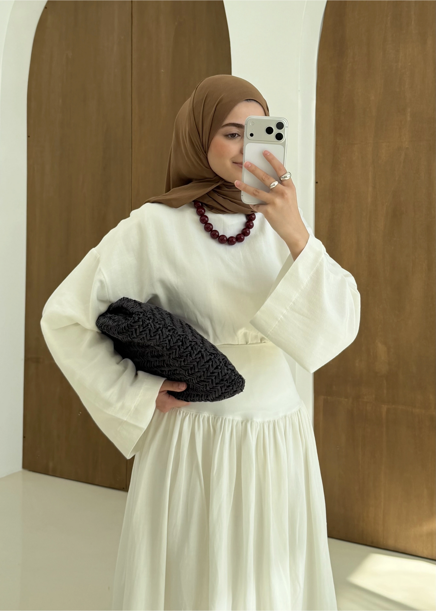 Wide sleeve blouse, High-waisted skirt with flowy silhouette Two-Piece Set - white