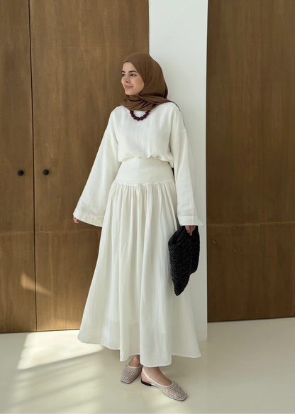 Wide sleeve blouse, High-waisted skirt with flowy silhouette Two-Piece Set - white