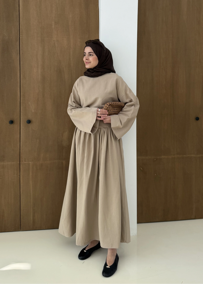 Wide sleeve blouse, High-waisted skirt with flowy silhouette Two-Piece Set - camel