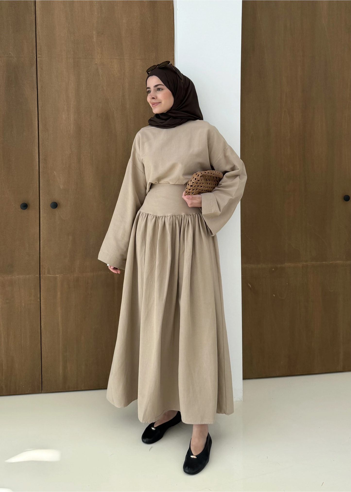 Wide sleeve blouse, High-waisted skirt with flowy silhouette Two-Piece Set - camel
