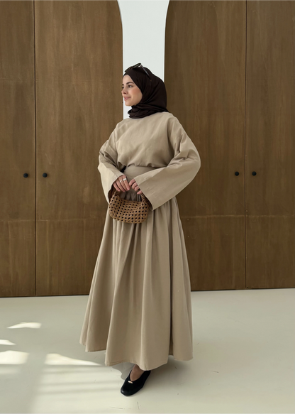 Wide sleeve blouse, High-waisted skirt with flowy silhouette Two-Piece Set - camel