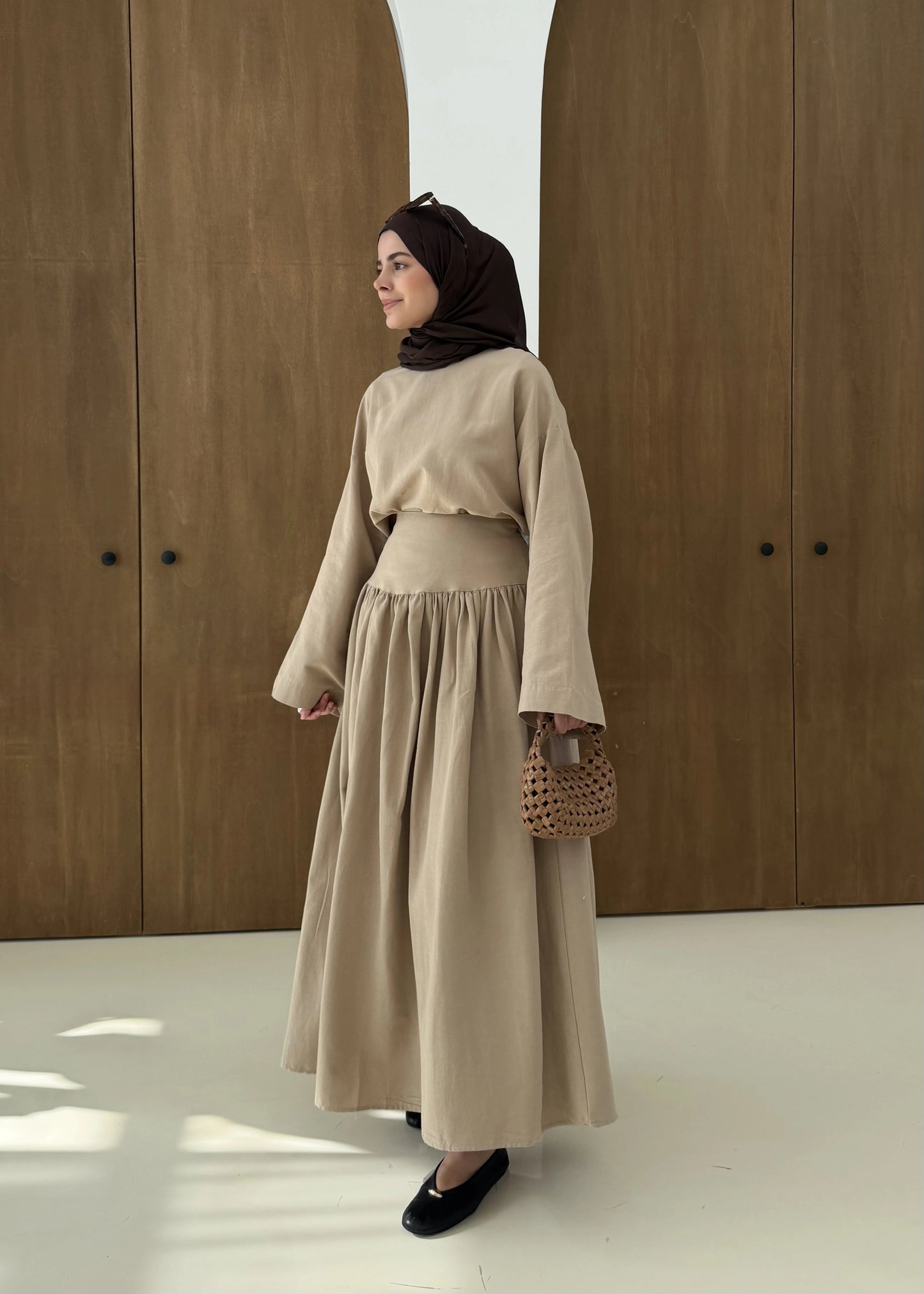 Wide sleeve blouse, High-waisted skirt with flowy silhouette Two-Piece Set - camel