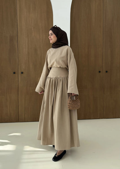 Wide sleeve blouse, High-waisted skirt with flowy silhouette Two-Piece Set - camel