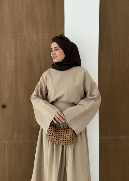 Wide sleeve blouse, High-waisted skirt with flowy silhouette Two-Piece Set - camel