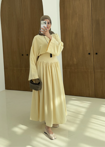 Wide sleeve blouse, High-waisted skirt with flowy silhouette Two-Piece Set - yellow