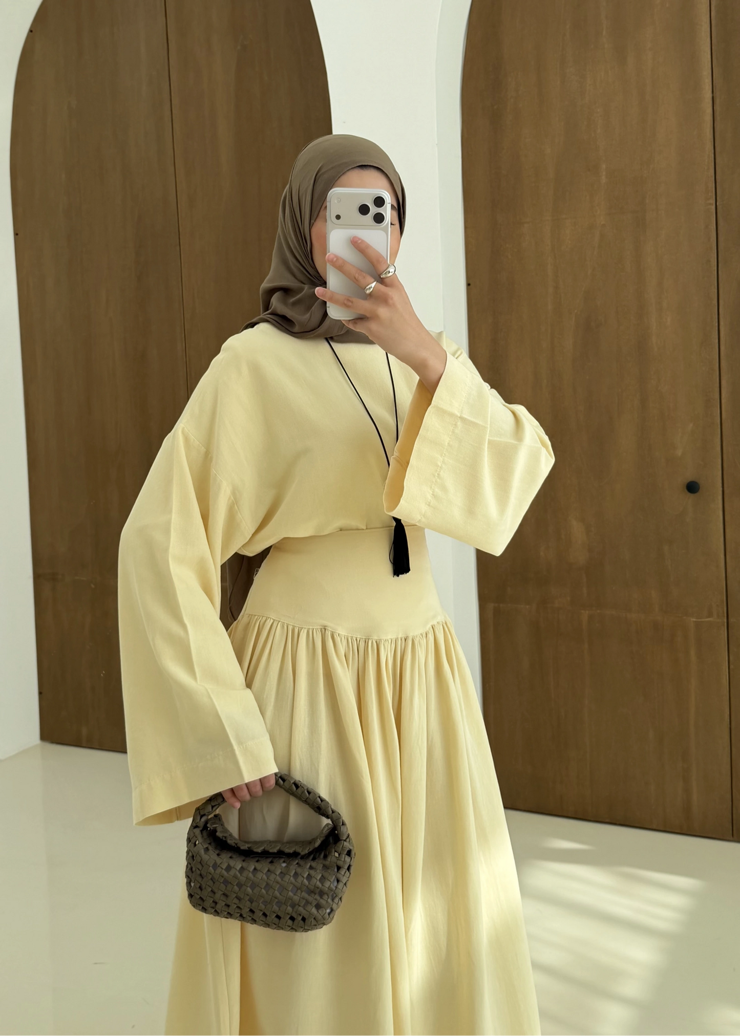 Wide sleeve blouse, High-waisted skirt with flowy silhouette Two-Piece Set - yellow