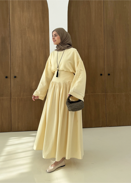 Wide sleeve blouse, High-waisted skirt with flowy silhouette Two-Piece Set - yellow