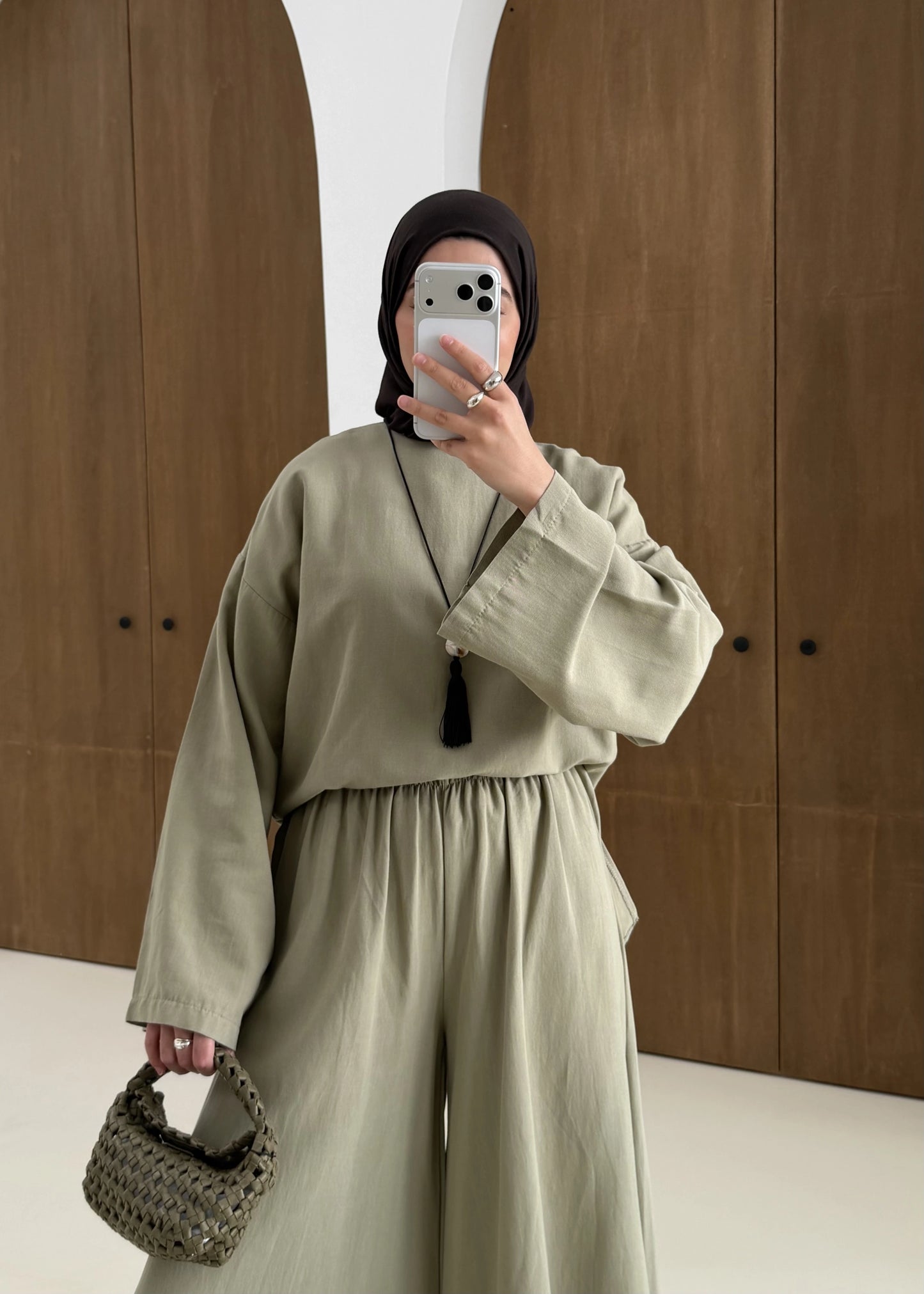 Linen Wide-Leg Blouse Set in Light Green