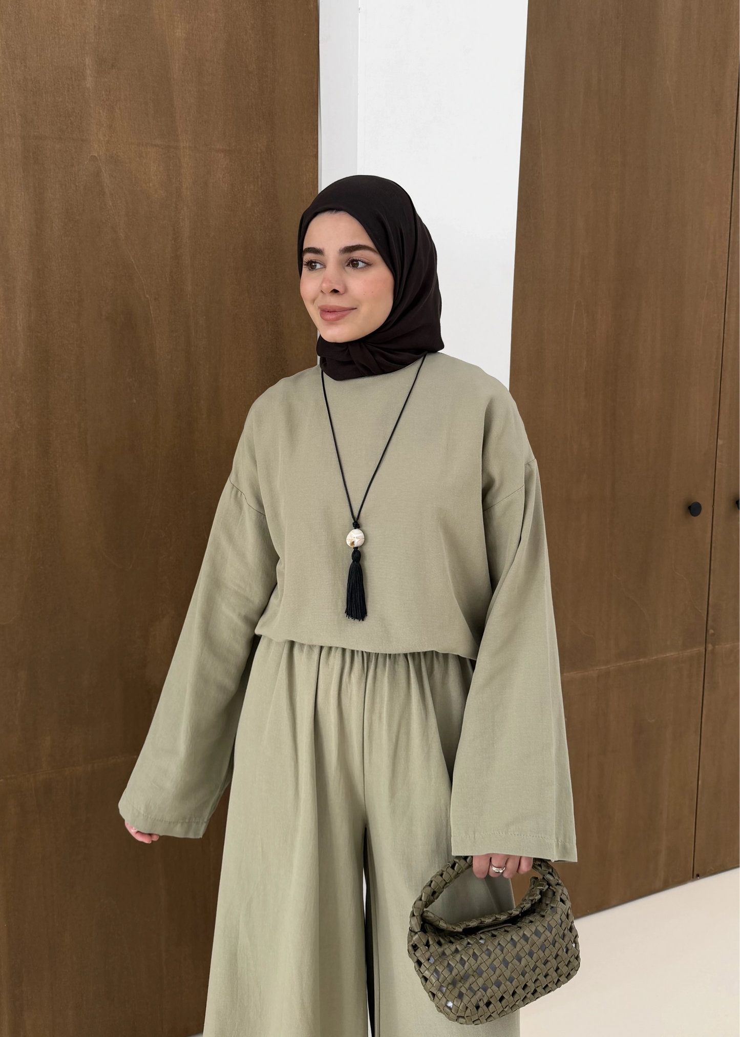 Linen Wide-Leg Blouse Set in Light Green