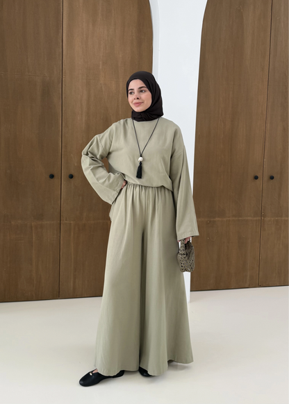 Linen Wide-Leg Blouse Set in Light Green