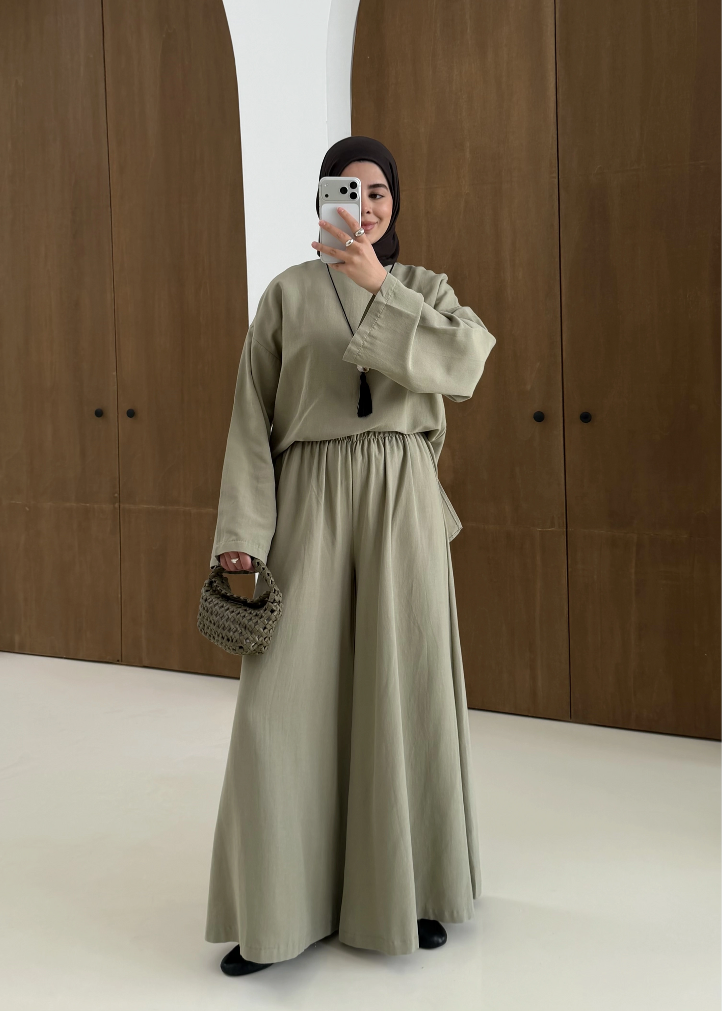 Linen Wide-Leg Blouse Set in Light Green