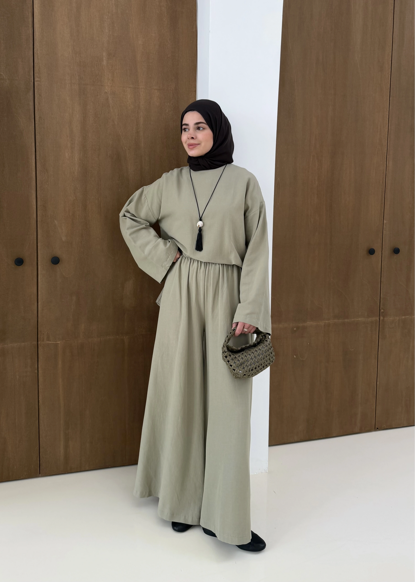 Linen Wide-Leg Blouse Set in Light Green