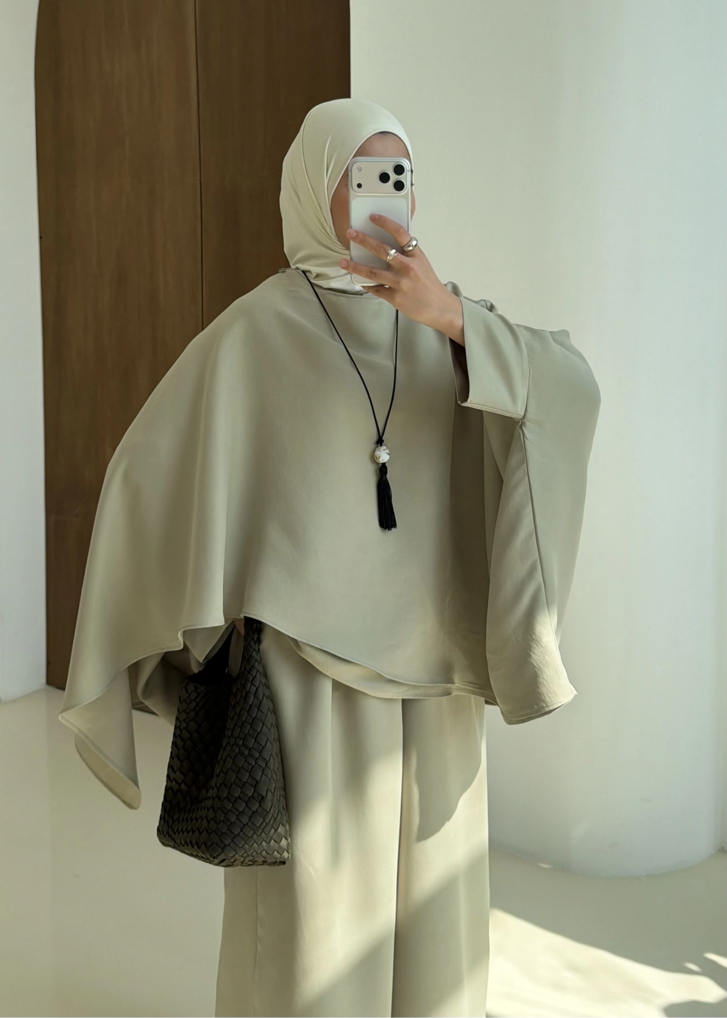 Sonia Ecru Cape Blouse and Pants Set - light olive green