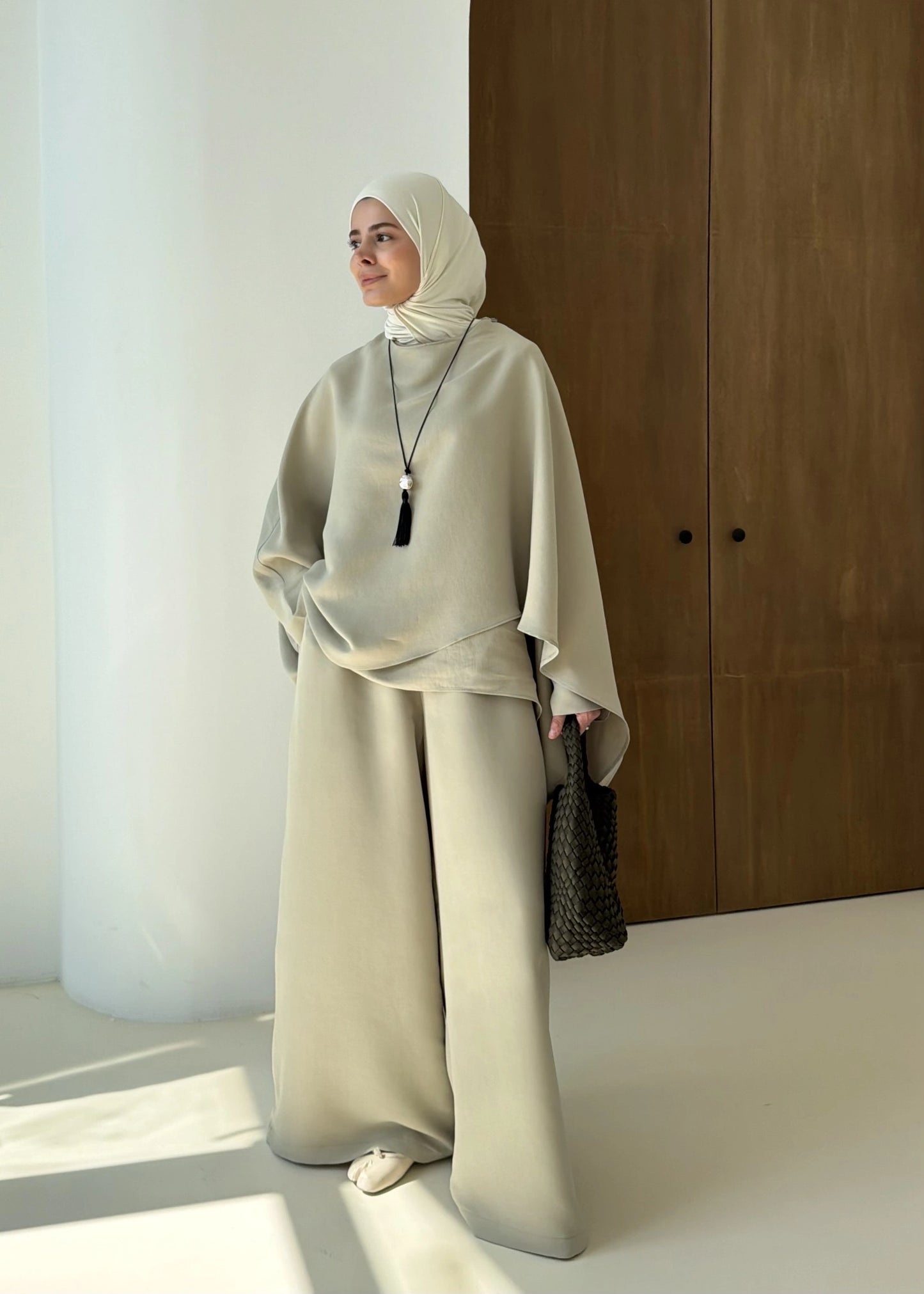 Sonia Ecru Cape Blouse and Pants Set - light olive green