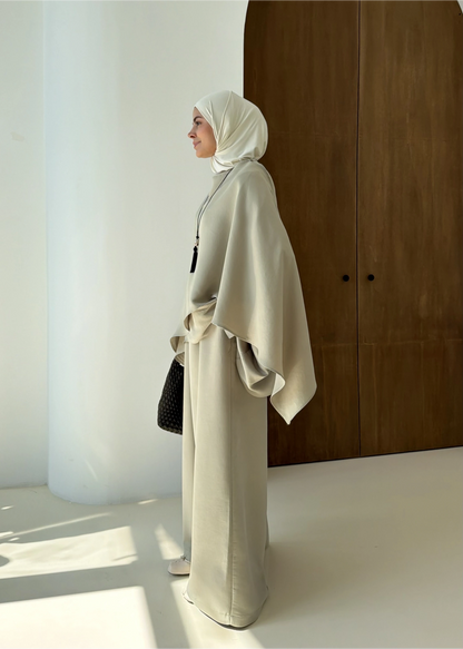 Sonia Ecru Cape Blouse and Pants Set - light olive green
