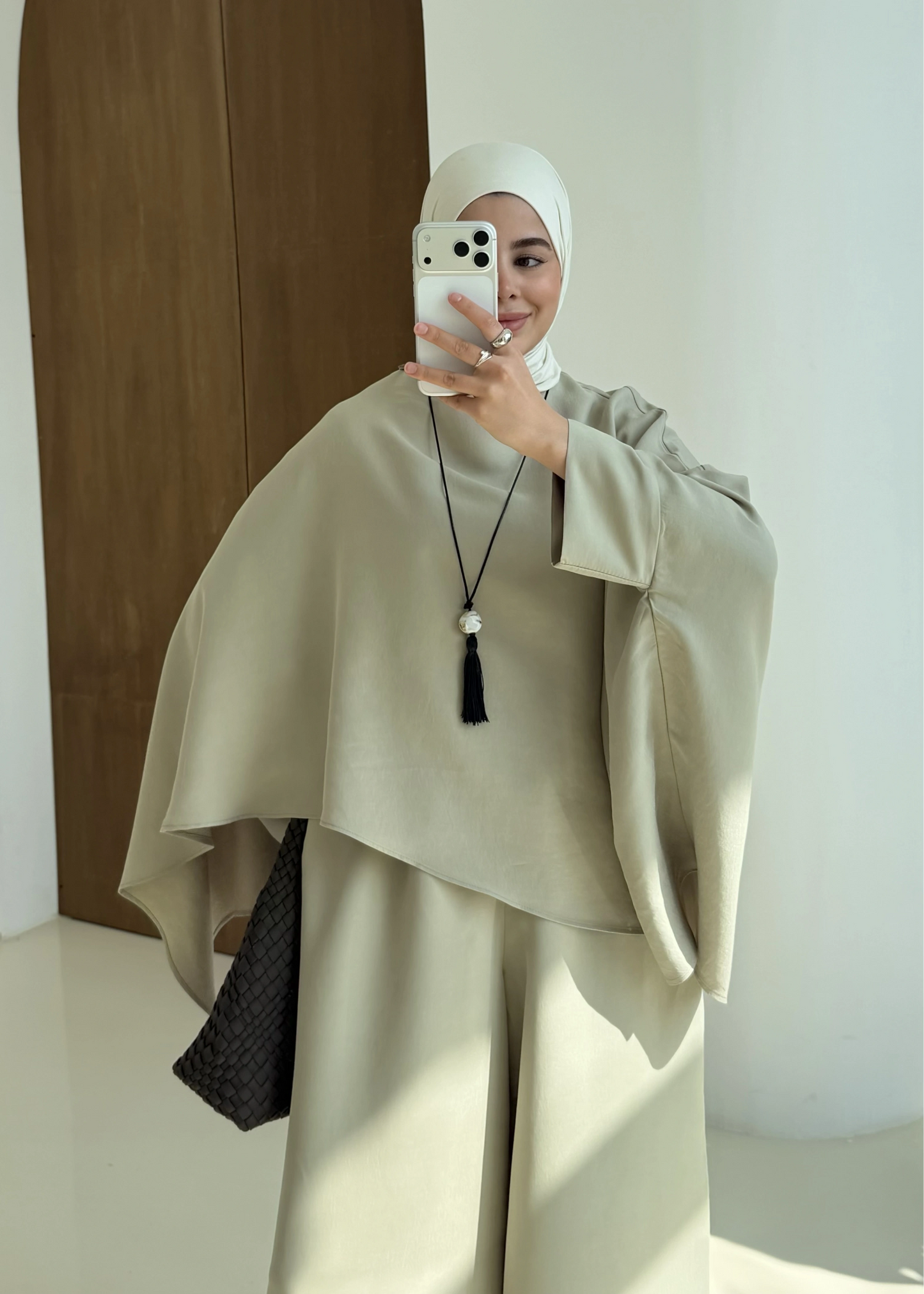 Sonia Ecru Cape Blouse and Pants Set - light olive green