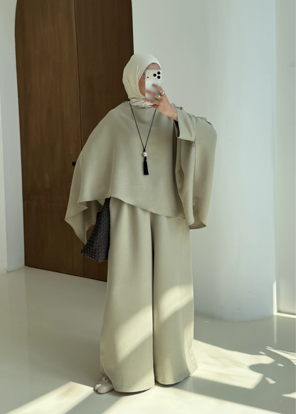 Sonia Ecru Cape Blouse and Pants Set - light olive green