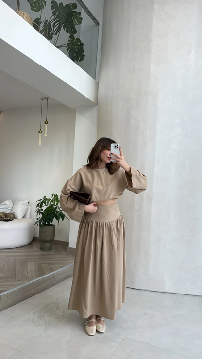 Wide sleeve blouse, High-waisted skirt with flowy silhouette Two-Piece Set - camel