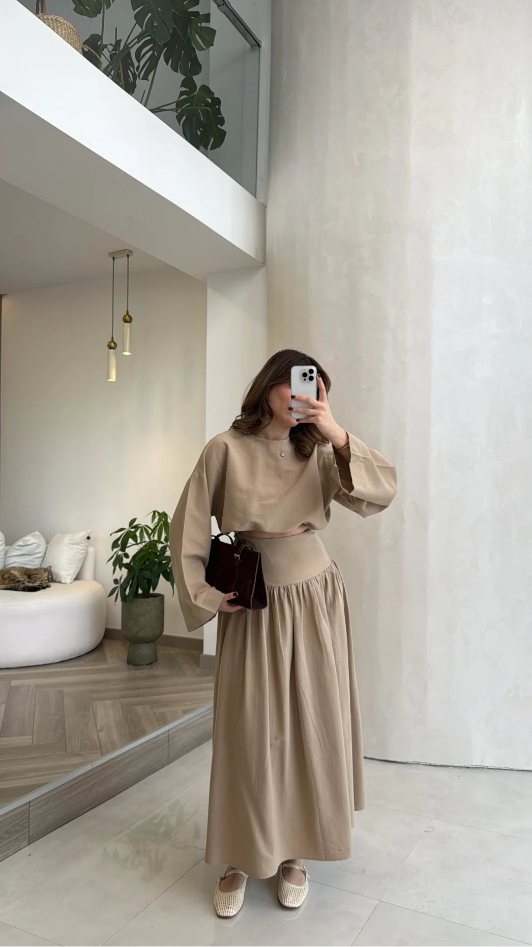 Wide sleeve blouse, High-waisted skirt with flowy silhouette Two-Piece Set - camel