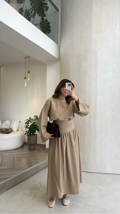 Wide sleeve blouse, High-waisted skirt with flowy silhouette Two-Piece Set - camel