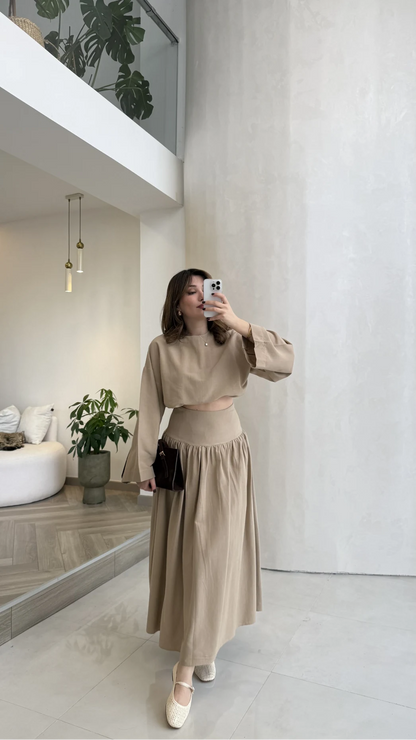 Wide sleeve blouse, High-waisted skirt with flowy silhouette Two-Piece Set - camel