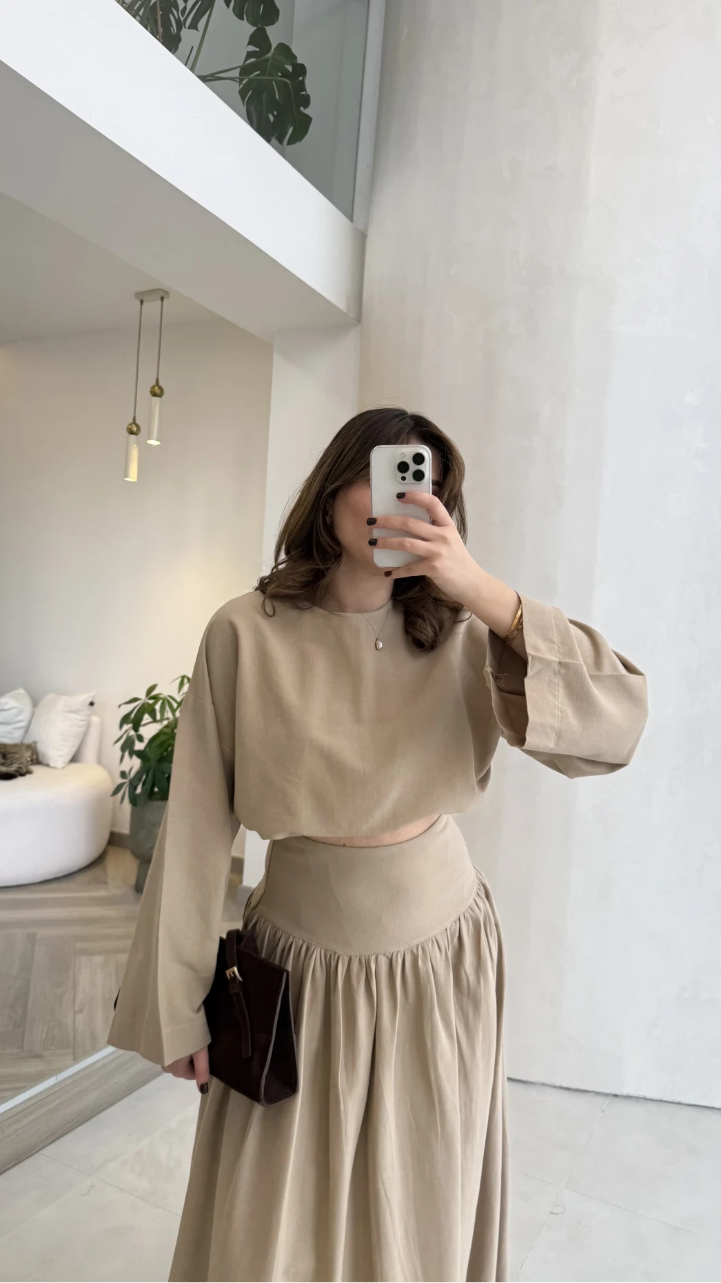 Wide sleeve blouse, High-waisted skirt with flowy silhouette Two-Piece Set - camel