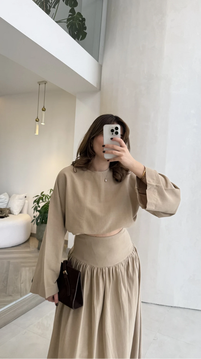 Wide sleeve blouse, High-waisted skirt with flowy silhouette Two-Piece Set - camel