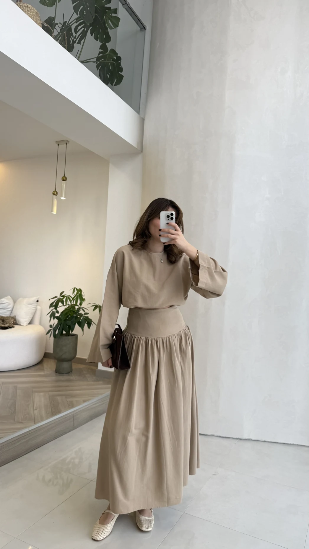 Wide sleeve blouse, High-waisted skirt with flowy silhouette Two-Piece Set - camel