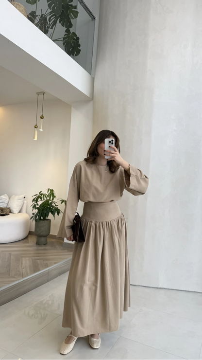 Wide sleeve blouse, High-waisted skirt with flowy silhouette Two-Piece Set - camel