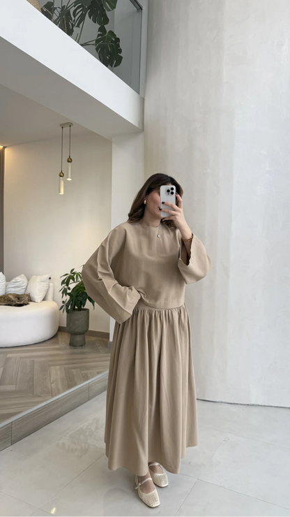 Wide sleeve blouse, High-waisted skirt with flowy silhouette Two-Piece Set - camel