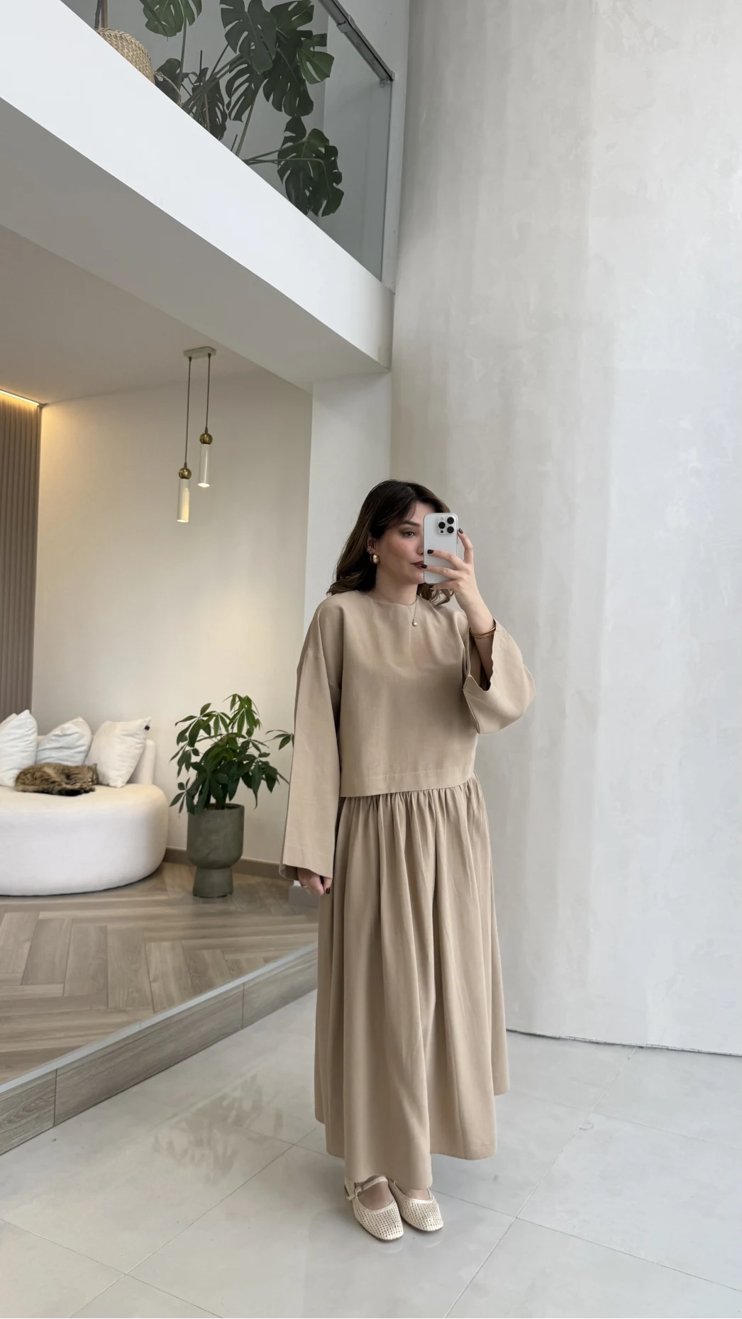 Wide sleeve blouse, High-waisted skirt with flowy silhouette Two-Piece Set - camel