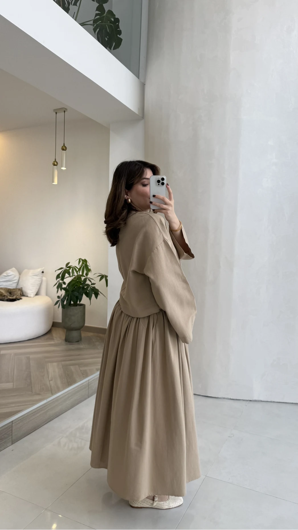 Wide sleeve blouse, High-waisted skirt with flowy silhouette Two-Piece Set - camel