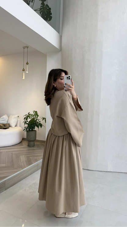 Wide sleeve blouse, High-waisted skirt with flowy silhouette Two-Piece Set - camel