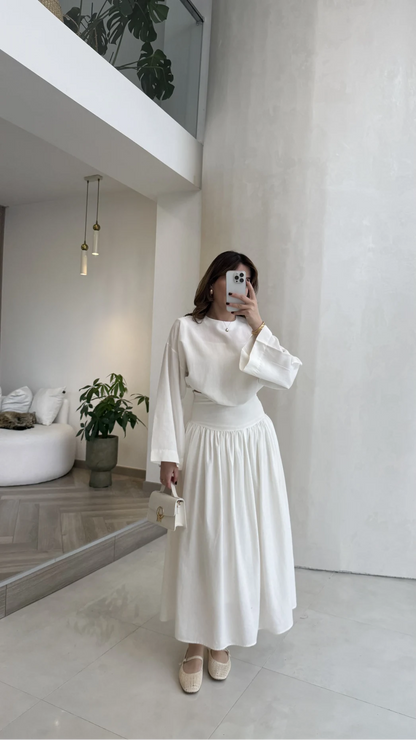 Wide sleeve blouse, High-waisted skirt with flowy silhouette Two-Piece Set - white