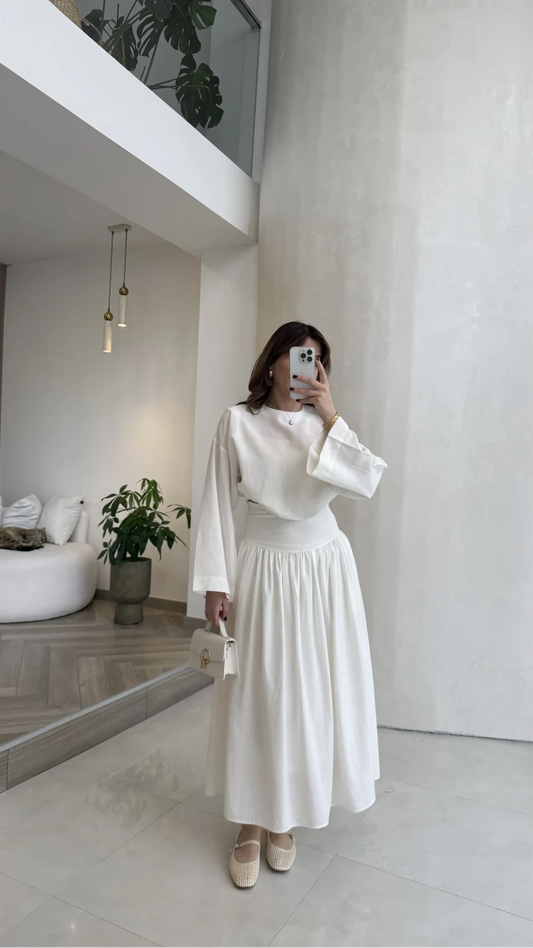 Wide sleeve blouse, High-waisted skirt with flowy silhouette Two-Piece Set - white