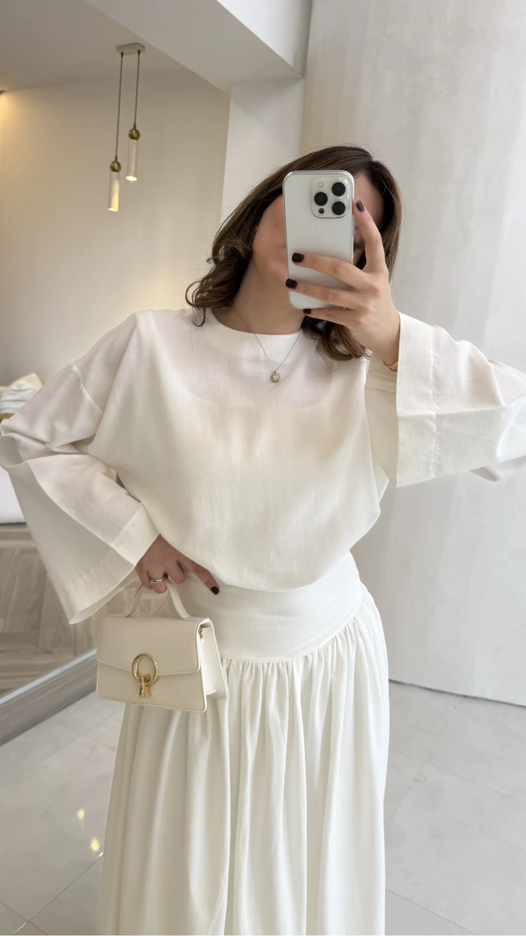 Wide sleeve blouse, High-waisted skirt with flowy silhouette Two-Piece Set - white