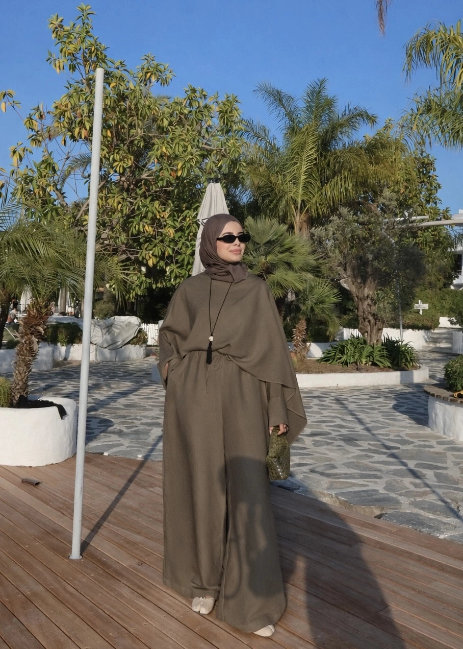 Sonia Ecru Cape Blouse and Pants Set - olive green