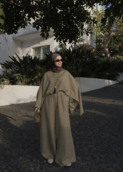 Sonia Ecru Cape Blouse and Pants Set - olive green