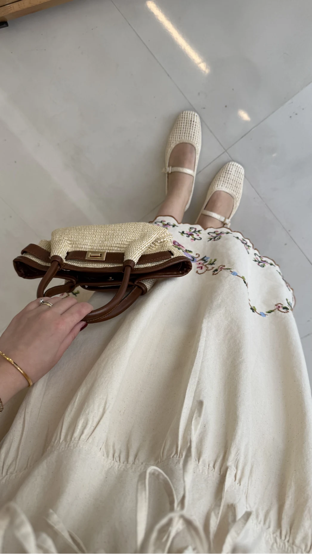 Colorful Embroidered Washed Linen Fabric Blouse and Skirt Set - Beige