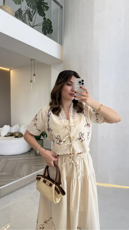 Colorful Embroidered Washed Linen Fabric Blouse and Skirt Set - Beige
