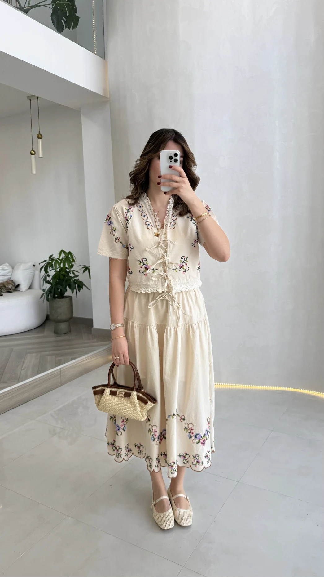 Colorful Embroidered Washed Linen Fabric Blouse and Skirt Set - Beige