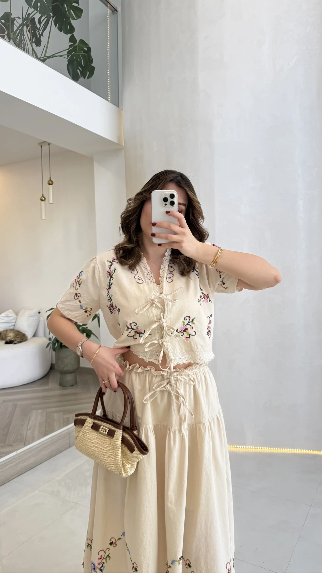Colorful Embroidered Washed Linen Fabric Blouse and Skirt Set - Beige