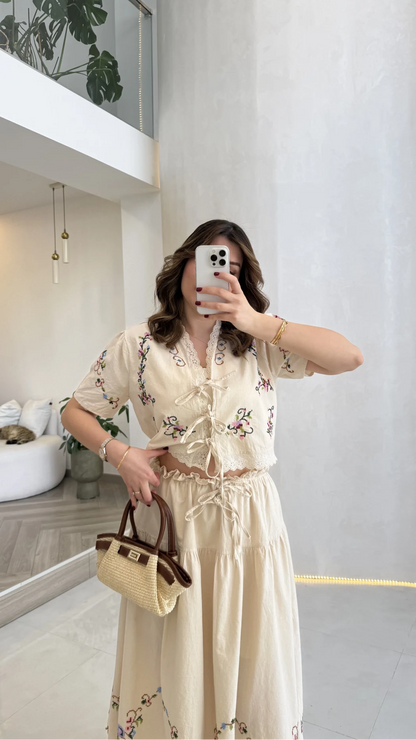Colorful Embroidered Washed Linen Fabric Blouse and Skirt Set - Beige