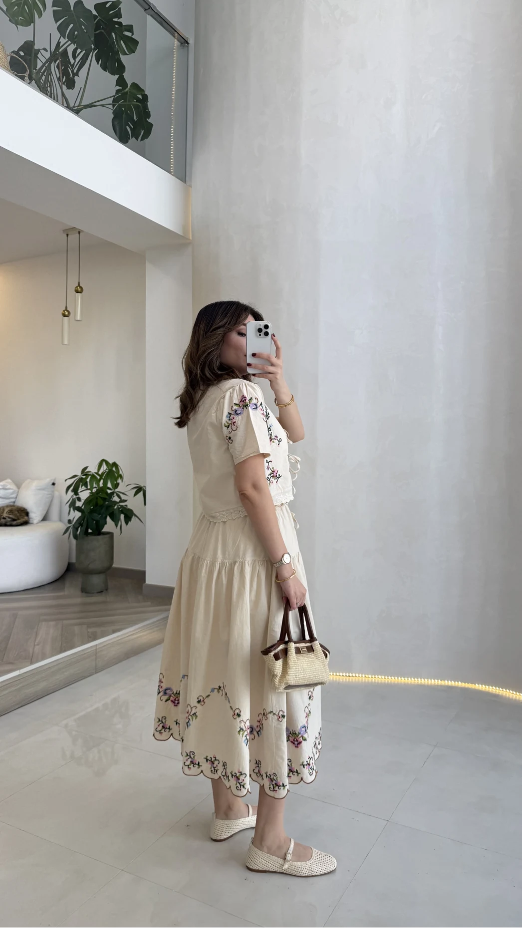 Colorful Embroidered Washed Linen Fabric Blouse and Skirt Set - Beige