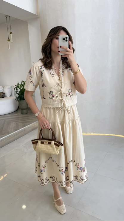 Colorful Embroidered Washed Linen Fabric Blouse and Skirt Set - Beige