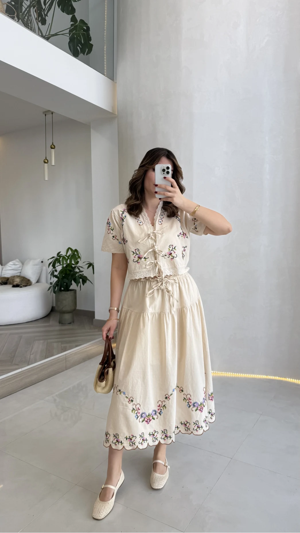 Colorful Embroidered Washed Linen Fabric Blouse and Skirt Set - Beige