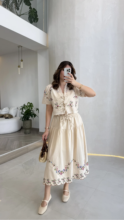 Colorful Embroidered Washed Linen Fabric Blouse and Skirt Set - Beige