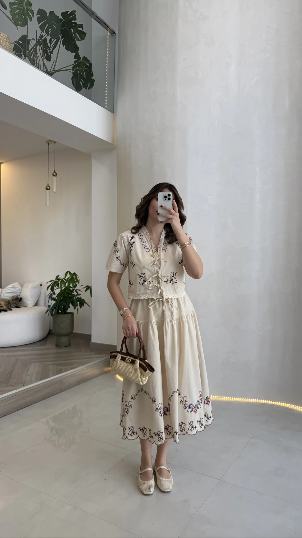Colorful Embroidered Washed Linen Fabric Blouse and Skirt Set - Beige